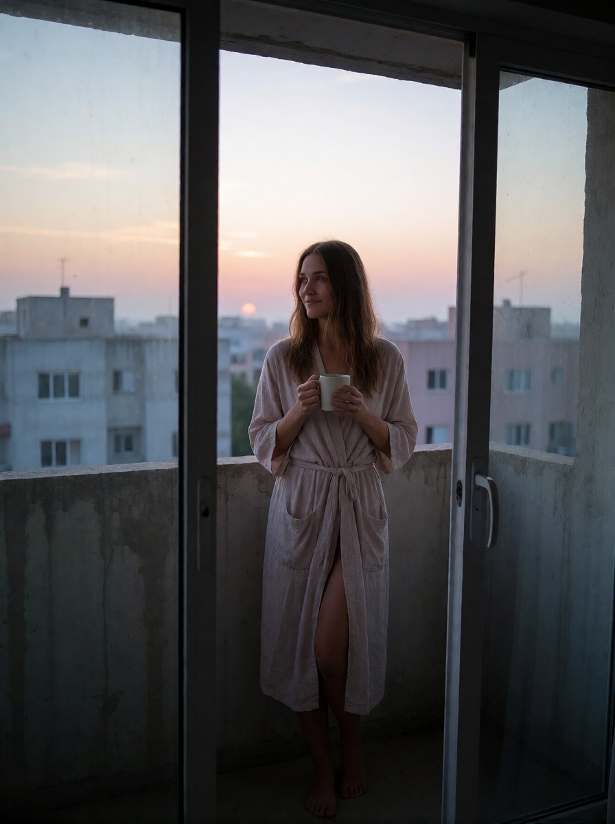Ai generated mature woman balcony sunrise high detail