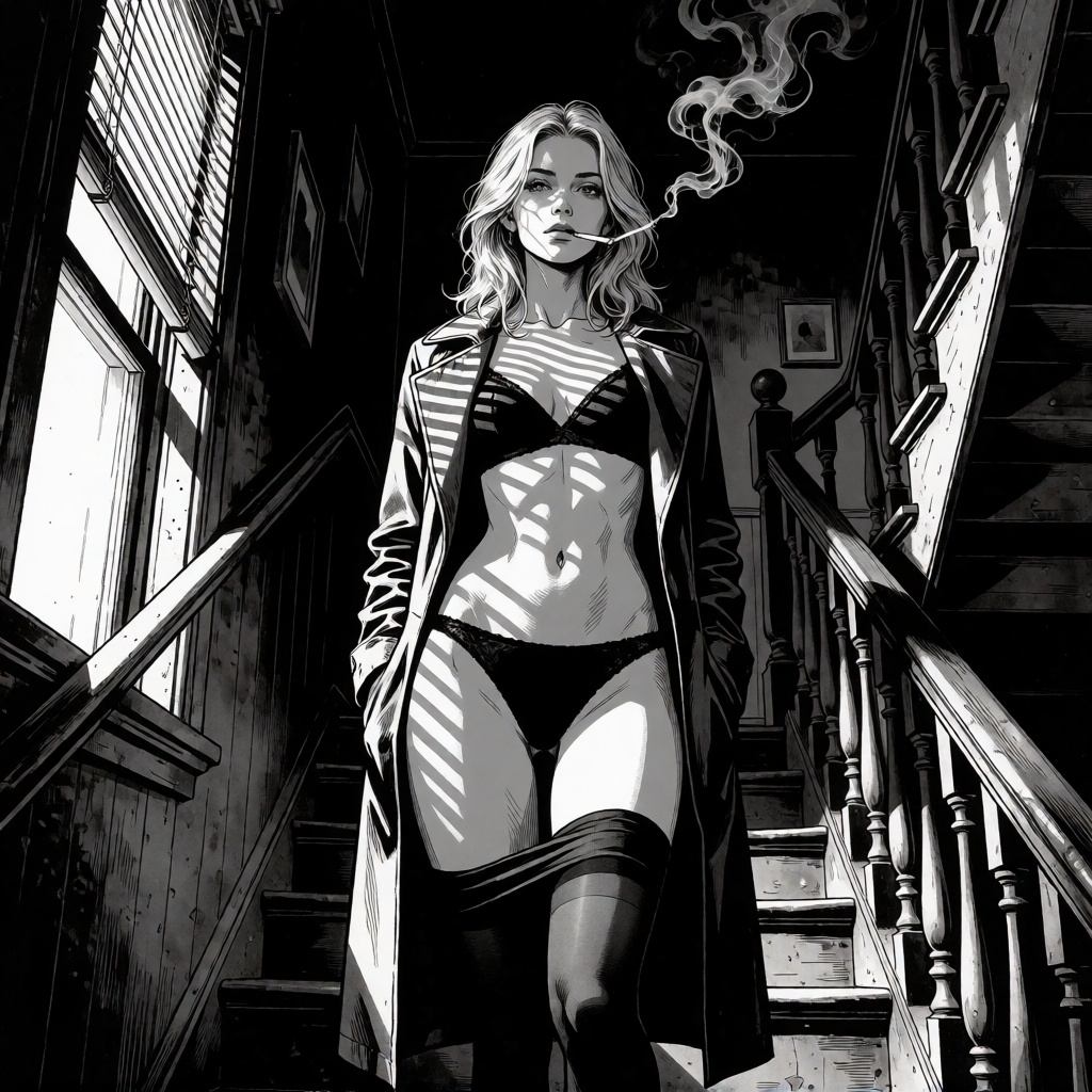 Ai made blonde noir stairwell trench portrait