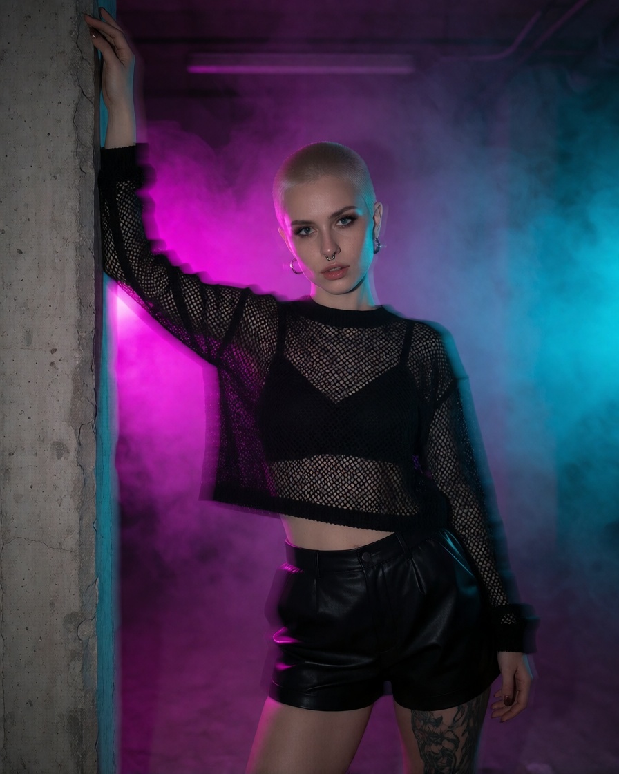 Realistic ai german berlin warehouse neon stare full body shot