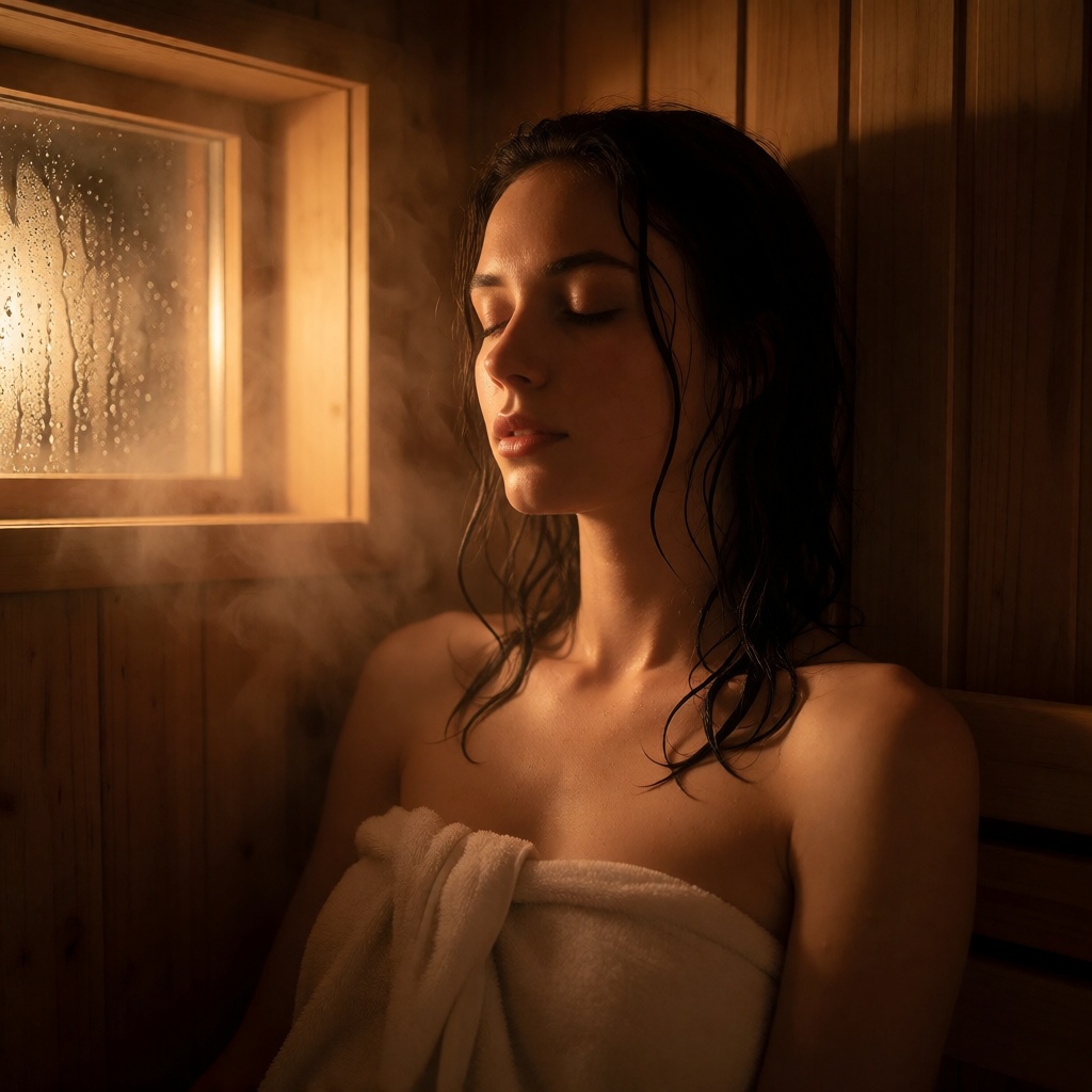 Realistic ai solo relaxed woman sauna steam full body shot