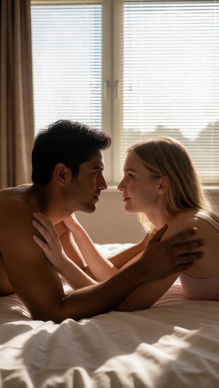 Ai art blonde woman indian man hotel bed ultra realistic