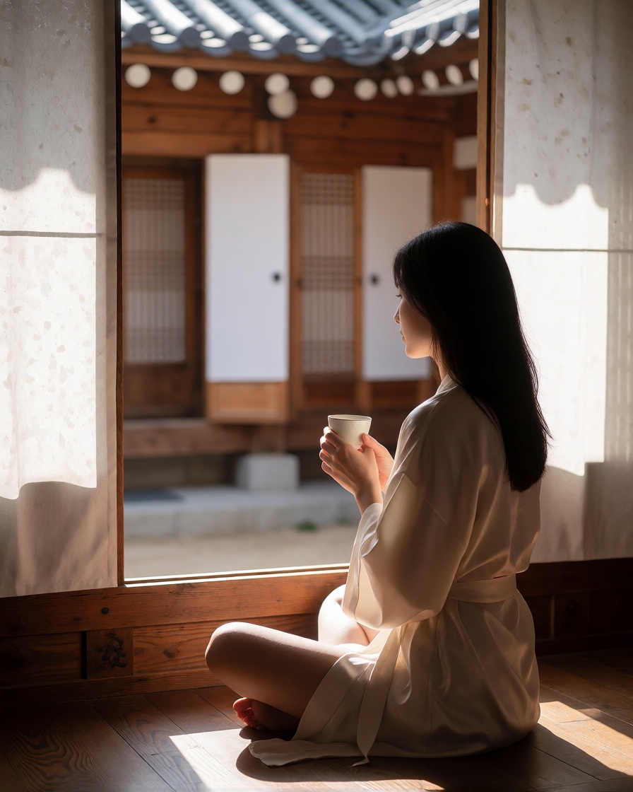 Hyperrealistic ai korean woman silk robe hanok no filter