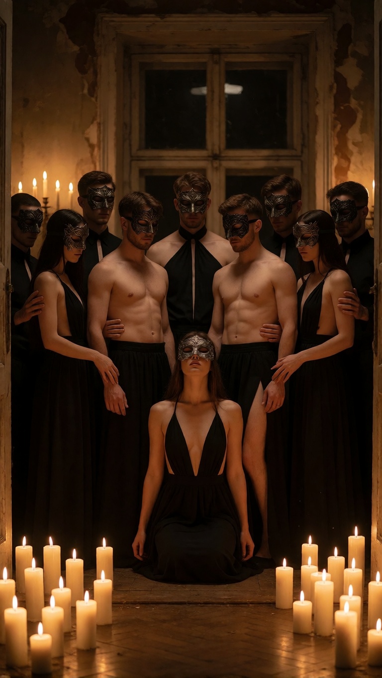 Realistic ai orgy masked adult group sex portrait