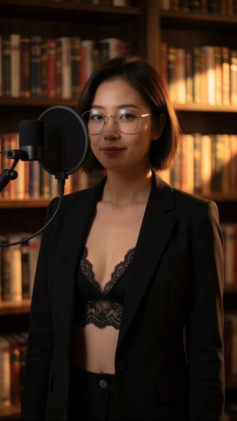 Ai nude korean woman blazer bookshelf ultra realistic