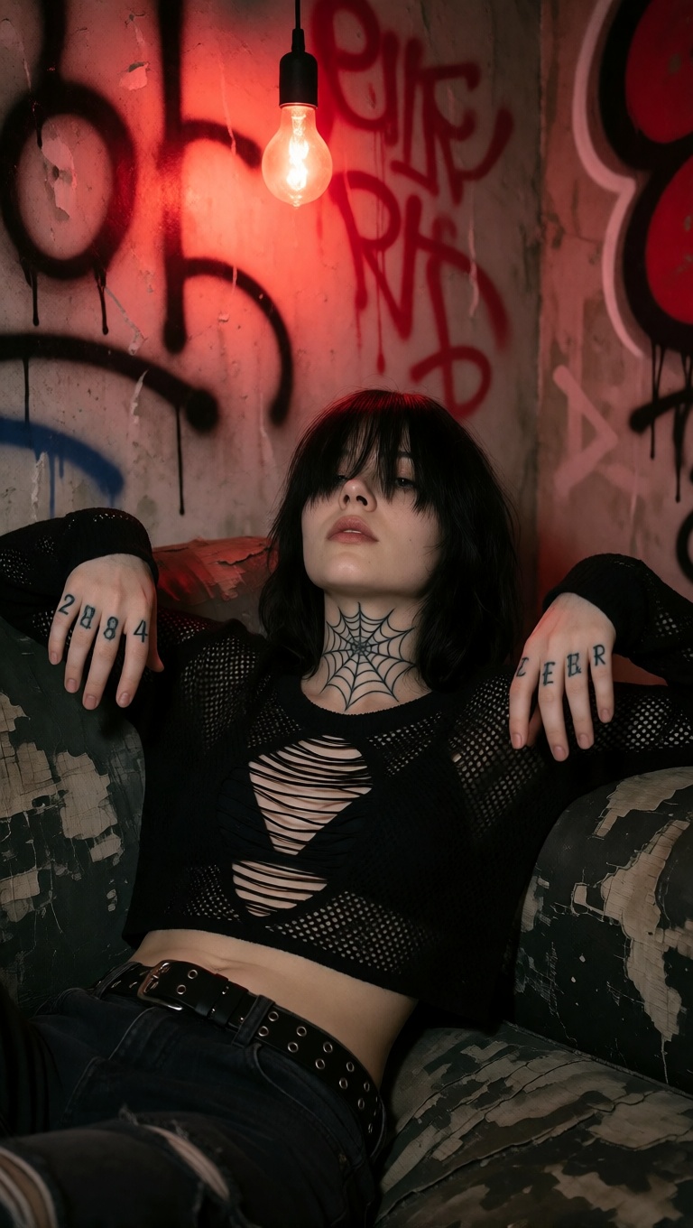 Ai made punk woman knuckles tattoo full body shot