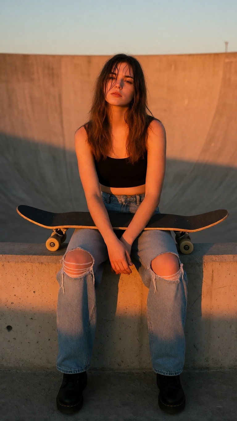 Ai nude young adult skate park sunset portrait 4k