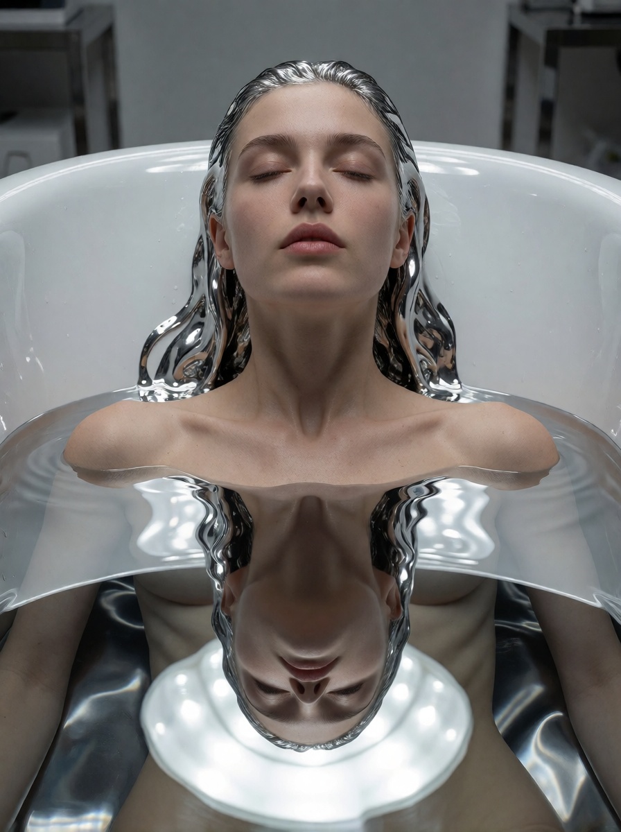 Ai made fetish adult woman liquid metal bath ultra realistic