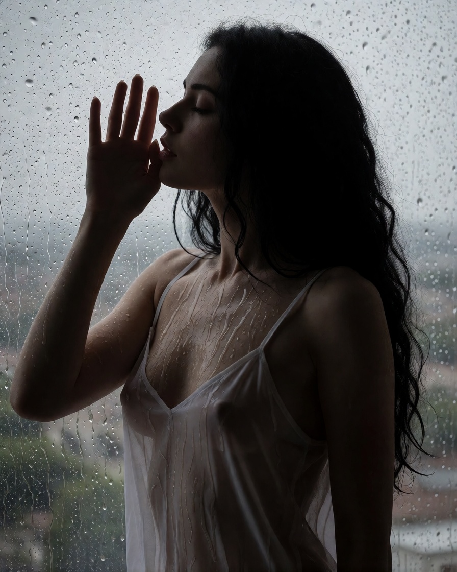 Realistic ai solo woman in white slip rain window ultra realistic