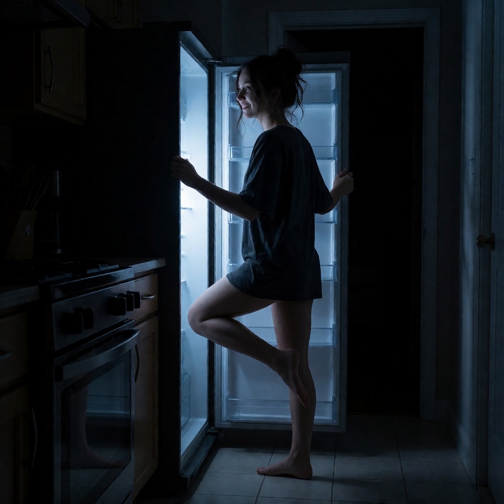 Ai generated brunette midnight fridge check high detail