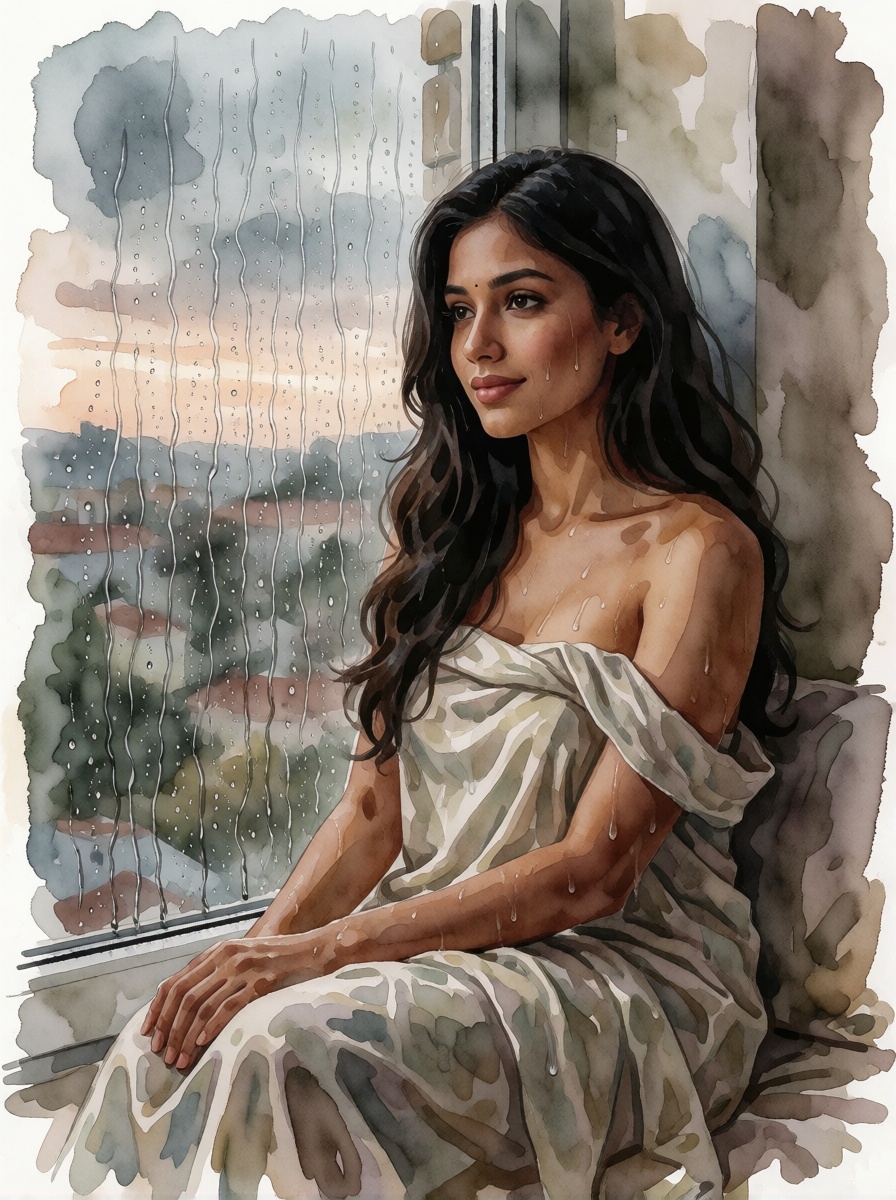 South Asian Woman Rain Window