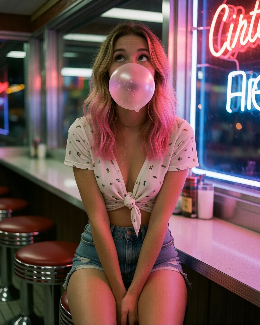 Ai art blonde diner bubble gum burst no filter