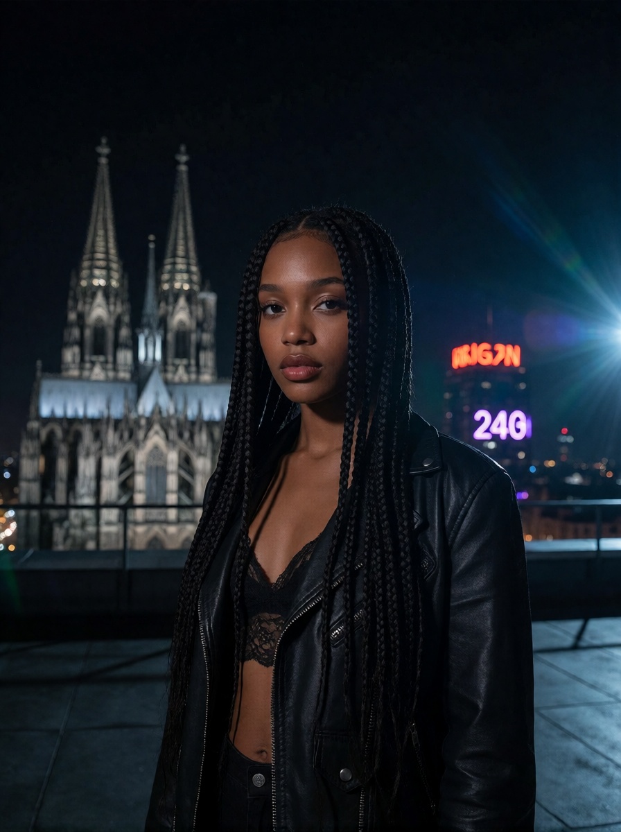 Uncensored ai afro-german rooftop neon selfie style