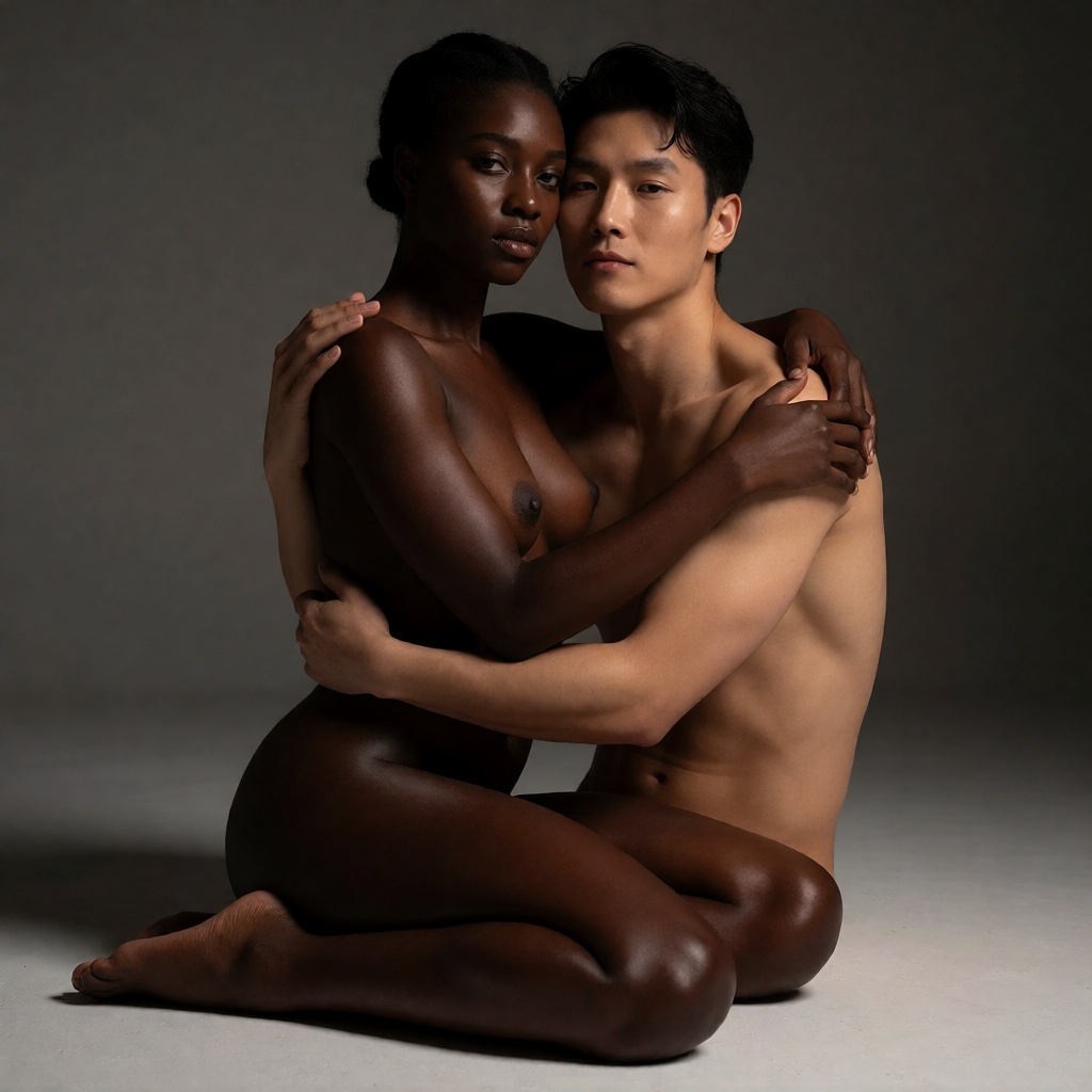Ai made interracial black woman korean man studio pose selfie style