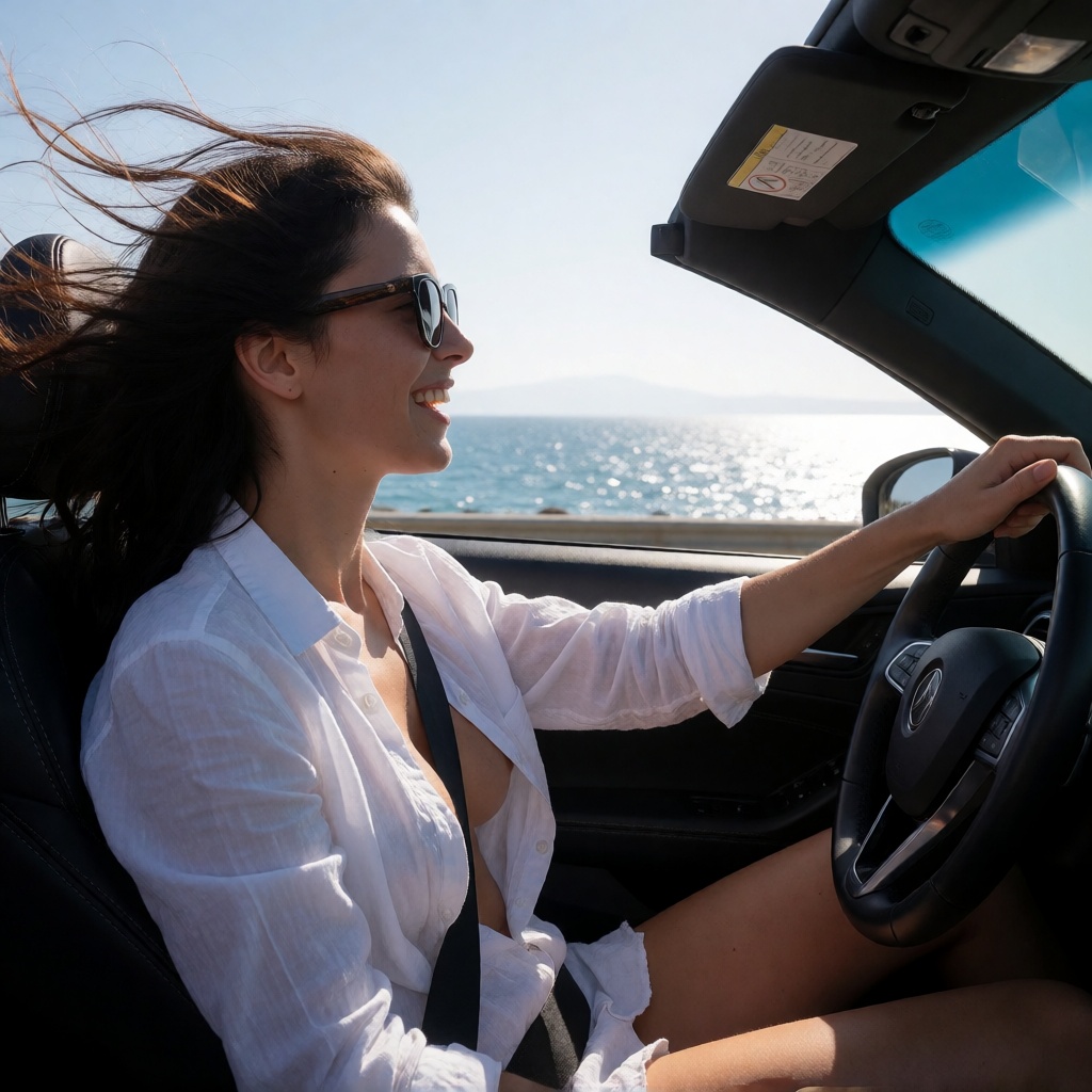 Ai made brunette greek woman driving convertible portrait