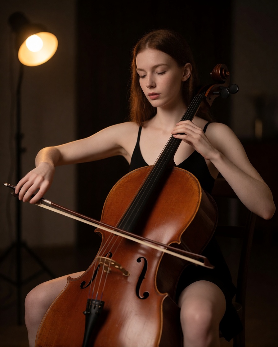 AI auburn Celloist Intimate Portrait