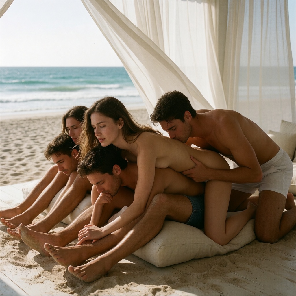 Ai generated threesome beach house adult group roll portrait