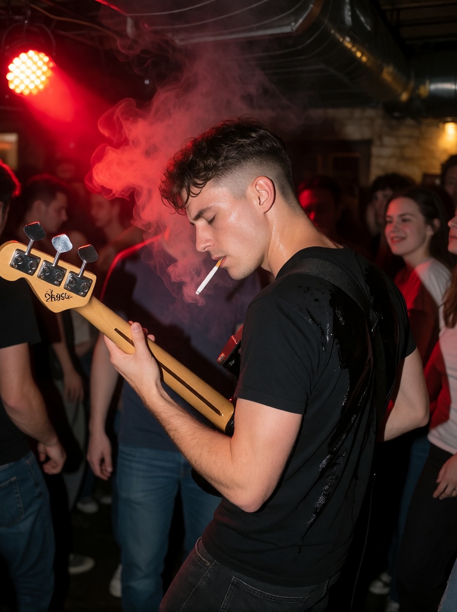 Ai art muscular sweaty bassist in basement bar ultra realistic