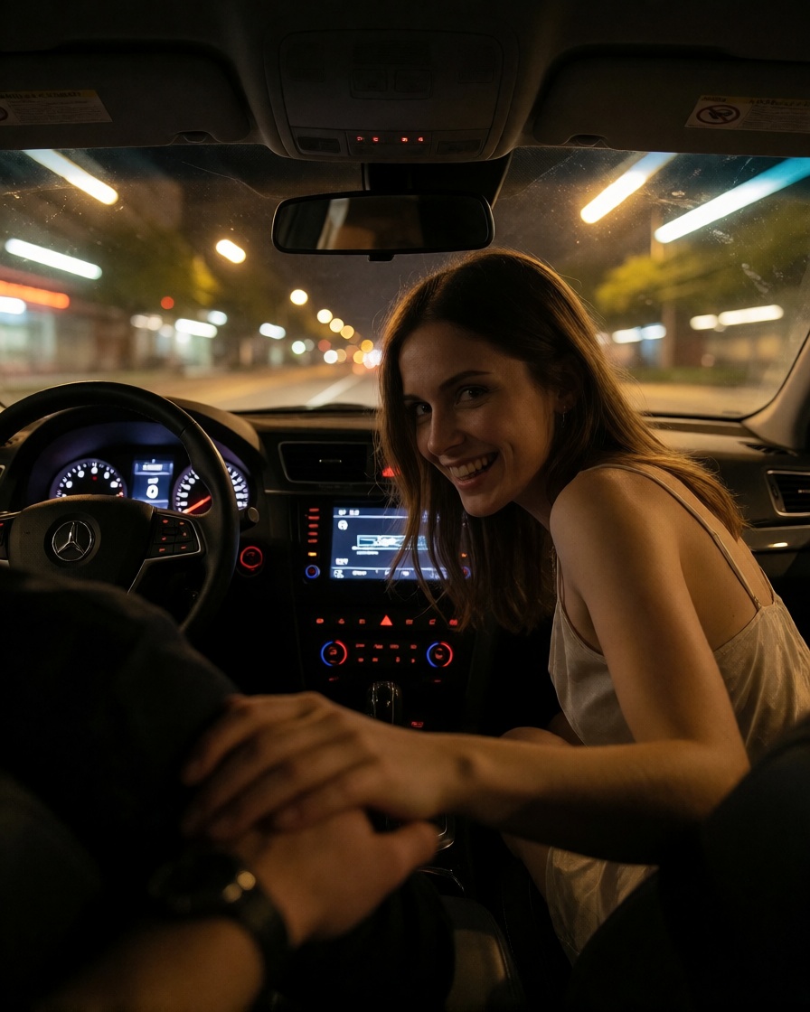 Ai generated pov woman leaning in car at night portrait