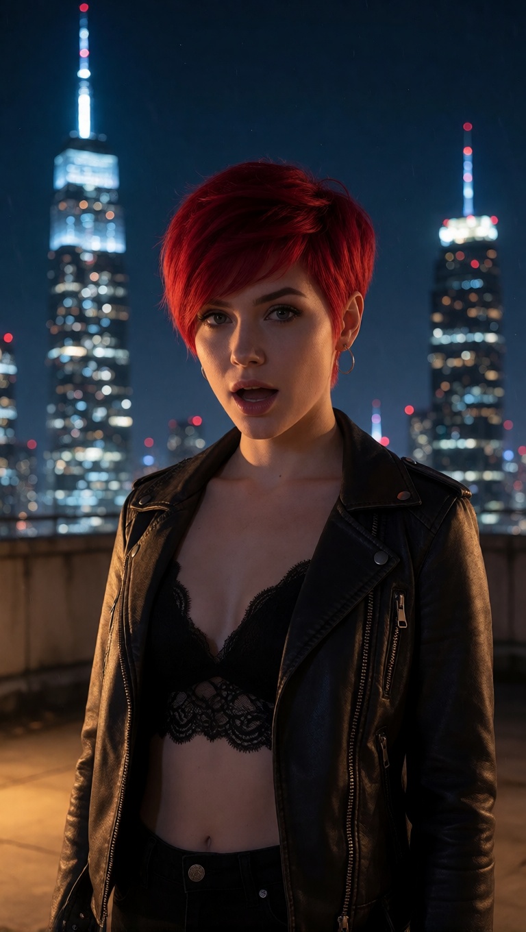 Hyperrealistic ai redhead in leather jacket full body shot