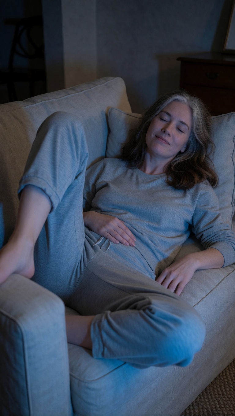 Hyperrealistic ai mature woman sofa tv glow ultra realistic