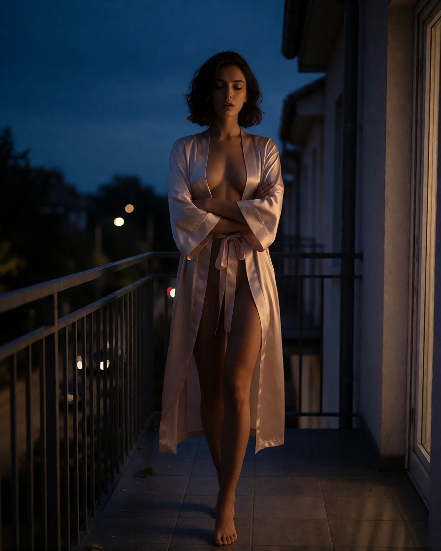 Ai made brunette woman in satin robe balcony portrait
