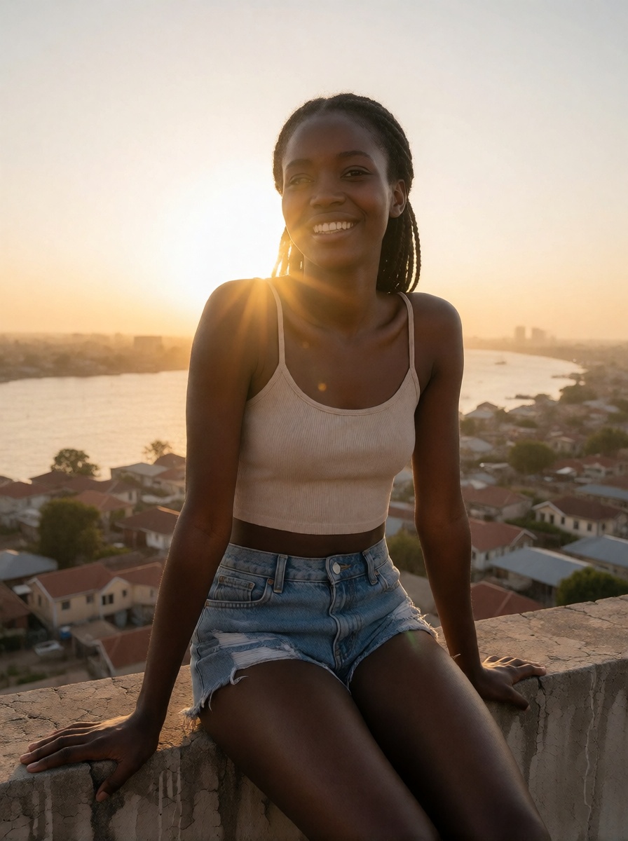 Ai art young adult kenyan woman rooftop golden hour hd photo